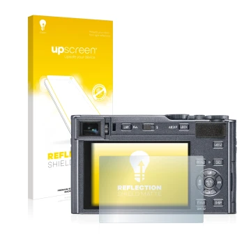 Vorderseite einer Produktverpackung mit dem Markenlogo upscreen. Daneben ist das Gerät Leica C-Lux mit dem zugehörigen Display