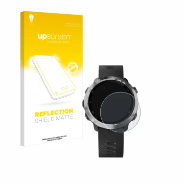 Vorderseite einer Produktverpackung mit dem Markenlogo upscreen. Daneben ist das Gerät Garmin Forerunner 645 Music mit dem zug