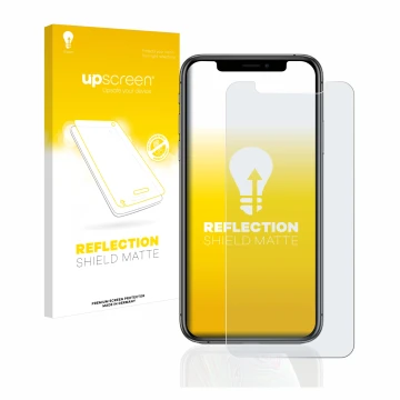 Vorderseite einer Produktverpackung mit dem Markenlogo upscreen. Daneben ist das Gerät Apple iPhone Xs mit dem zugehörigen Dis