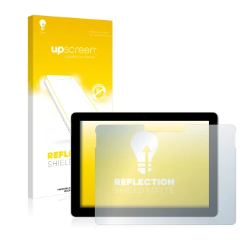 Vorderseite einer Produktverpackung mit dem Markenlogo upscreen. Daneben ist das Gerät Microsoft Surface Go (1. Gen.) mit dem 