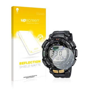 Vorderseite einer Produktverpackung mit dem Markenlogo upscreen. Daneben ist das Gerät Casio Pro Trek PRG-240-1ER mit dem zuge