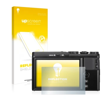 Vorderseite einer Produktverpackung mit dem Markenlogo upscreen. Daneben ist das Gerät Fujifilm XF10 mit dem zugehörigen Displ