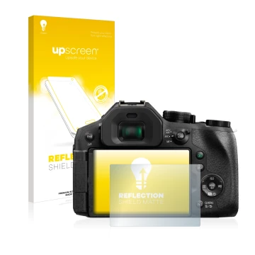 Vorderseite einer Produktverpackung mit dem Markenlogo upscreen. Daneben ist das Gerät Panasonic Lumix DMC-FZ330 mit dem zugeh