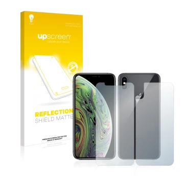 Vorderseite einer Produktverpackung mit dem Markenlogo upscreen. Daneben ist das Gerät Apple iPhone Xs (Display+Rückseite) mit