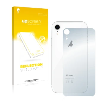 Vorderseite einer Produktverpackung mit dem Markenlogo upscreen. Daneben ist das Gerät Apple iPhone XR (Rückseite) mit dem zug