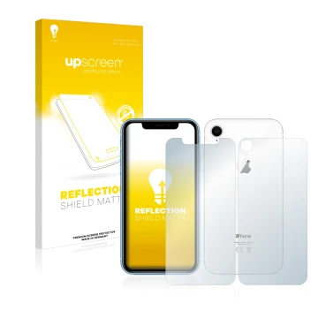 Vorderseite einer Produktverpackung mit dem Markenlogo upscreen. Daneben ist das Gerät Apple iPhone XR (Display+Rückseite) mit