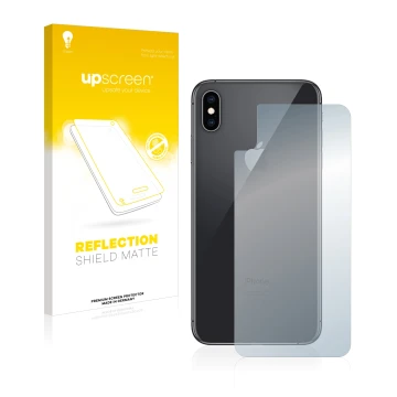 Vorderseite einer Produktverpackung mit dem Markenlogo upscreen. Daneben ist das Gerät Apple iPhone Xs Max (Rückseite) mit dem