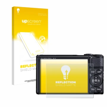 Vorderseite einer Produktverpackung mit dem Markenlogo upscreen. Daneben ist das Gerät Canon PowerShot SX740 HS mit dem zugehö