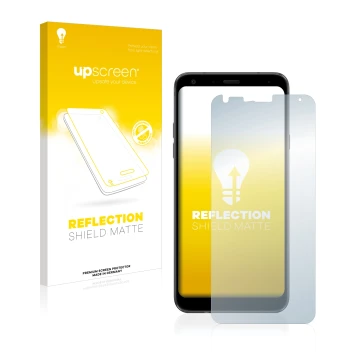 Vorderseite einer Produktverpackung mit dem Markenlogo upscreen. Daneben ist das Gerät LG Q7 Plus mit dem zugehörigen Displays