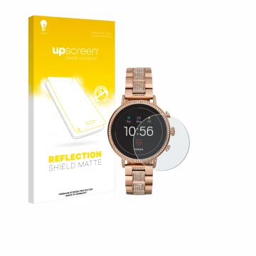 Vorderseite einer Produktverpackung mit dem Markenlogo upscreen. Daneben ist das Gerät Fossil Q Venture HR (4.Gen) mit dem zug