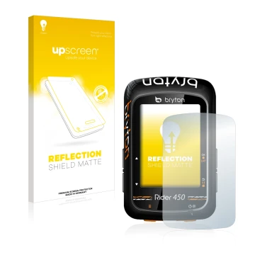 Vorderseite einer Produktverpackung mit dem Markenlogo upscreen. Daneben ist das Gerät Bryton Rider 450 mit dem zugehörigen Di