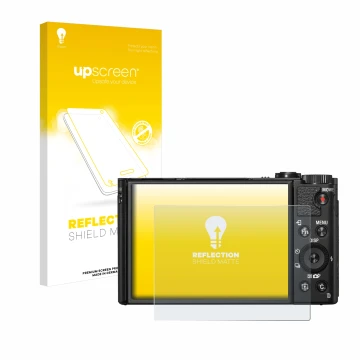 Vorderseite einer Produktverpackung mit dem Markenlogo upscreen. Daneben ist das Gerät Sony Cyber-Shot DSC-HX99 mit dem zugehö