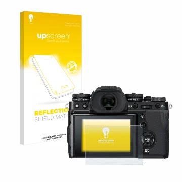 Vorderseite einer Produktverpackung mit dem Markenlogo upscreen. Daneben ist das Gerät Fujifilm X-T3 mit dem zugehörigen Displ