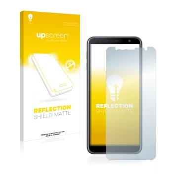 Vorderseite einer Produktverpackung mit dem Markenlogo upscreen. Daneben ist das Gerät Samsung Galaxy J6 Plus mit dem zugehöri