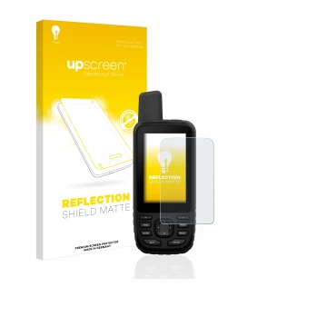 Vorderseite einer Produktverpackung mit dem Markenlogo upscreen. Daneben ist das Gerät Garmin GPSMAP 66s mit dem zugehörigen D