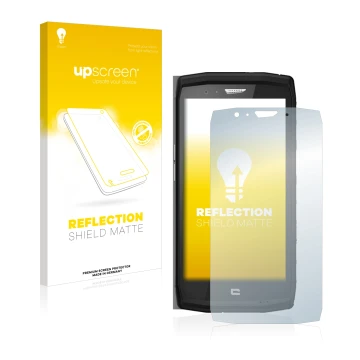 Vorderseite einer Produktverpackung mit dem Markenlogo upscreen. Daneben ist das Gerät Crosscall Trekker X4 mit dem zugehörige