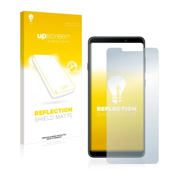 Vorderseite einer Produktverpackung mit dem Markenlogo upscreen. Daneben ist das Gerät Samsung Galaxy A9 2018 mit dem zugehöri