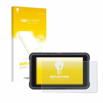 Vorderseite einer Produktverpackung mit dem Markenlogo upscreen. Daneben ist das Gerät Atomos Ninja V mit dem zugehörigen Disp