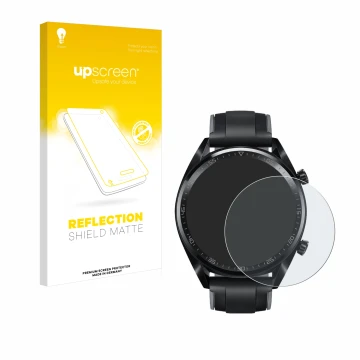 Vorderseite einer Produktverpackung mit dem Markenlogo upscreen. Daneben ist das Gerät Huawei Watch GT (46 mm) 2018 mit dem zu