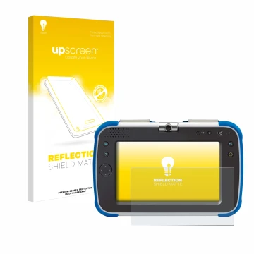 Vorderseite einer Produktverpackung mit dem Markenlogo upscreen. Daneben ist das Gerät Vtech Storio Max XL 2.0 mit dem zugehör