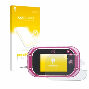 Vorderseite einer Produktverpackung mit dem Markenlogo upscreen. Daneben ist das Gerät Vtech Kidizoom Touch 5.0 2018 mit dem z