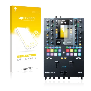 Vorderseite einer Produktverpackung mit dem Markenlogo upscreen. Daneben ist das Gerät Rane Seventy-Two mit dem zugehörigen Di