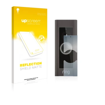 Vorderseite einer Produktverpackung mit dem Markenlogo upscreen. Daneben ist das Gerät Ring Video Doorbell Pro mit dem zugehör