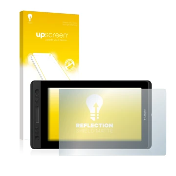 Vorderseite einer Produktverpackung mit dem Markenlogo upscreen. Daneben ist das Gerät Huion Kamvas Pro 13 mit dem zugehörigen