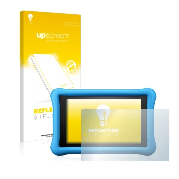 Vorderseite einer Produktverpackung mit dem Markenlogo upscreen. Daneben ist das Gerät Amazon Fire HD 8 Kids Edition 2018 (8. 