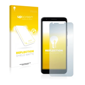 Vorderseite einer Produktverpackung mit dem Markenlogo upscreen. Daneben ist das Gerät Google Pixel 3a XL mit dem zugehörigen 