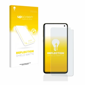 Vorderseite einer Produktverpackung mit dem Markenlogo upscreen. Daneben ist das Gerät Samsung Galaxy S10e mit dem zugehörigen