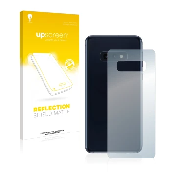 Vorderseite einer Produktverpackung mit dem Markenlogo upscreen. Daneben ist das Gerät Samsung Galaxy S10e (Rückseite) mit dem