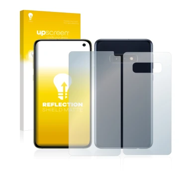 Vorderseite einer Produktverpackung mit dem Markenlogo upscreen. Daneben ist das Gerät Samsung Galaxy S10e (Display+Rückseite)