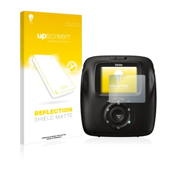 Vorderseite einer Produktverpackung mit dem Markenlogo upscreen. Daneben ist das Gerät Fujifilm Instax Square SQ20 mit dem zug