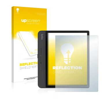 Vorderseite einer Produktverpackung mit dem Markenlogo upscreen. Daneben ist das Gerät Kobo Forma mit dem zugehörigen Displays