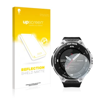 Vorderseite einer Produktverpackung mit dem Markenlogo upscreen. Daneben ist das Gerät Casio Pro Trek Smart WSD-F20 mit dem zu