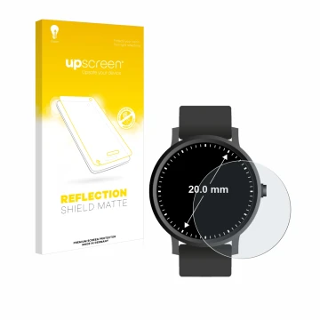 Vorderseite einer Produktverpackung mit dem Markenlogo upscreen. Daneben ist das Gerät Kreisrunde Displays (ø: 20 mm) mit dem 