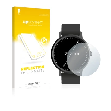 Vorderseite einer Produktverpackung mit dem Markenlogo upscreen. Daneben ist das Gerät Kreisrunde Displays (ø: 34 mm) mit dem 