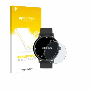 Vorderseite einer Produktverpackung mit dem Markenlogo upscreen. Daneben ist das Gerät Kreisrunde Displays (ø: 38 mm) mit dem 