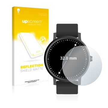 Vorderseite einer Produktverpackung mit dem Markenlogo upscreen. Daneben ist das Gerät Kreisrunde Displays (ø: 32 mm) mit dem 