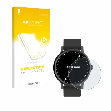 Vorderseite einer Produktverpackung mit dem Markenlogo upscreen. Daneben ist das Gerät Kreisrunde Displays (ø: 43 mm) mit dem 