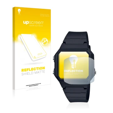 Vorderseite einer Produktverpackung mit dem Markenlogo upscreen. Daneben ist das Gerät Casio Unisex A168WA-1YES mit dem zugehö