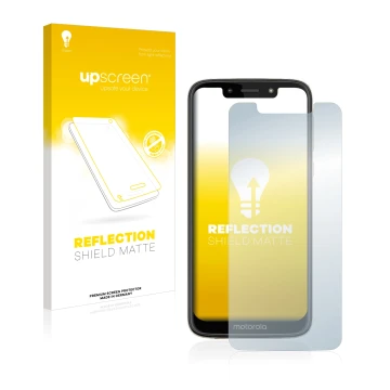 Vorderseite einer Produktverpackung mit dem Markenlogo upscreen. Daneben ist das Gerät Motorola Moto G7 Play mit dem zugehörig