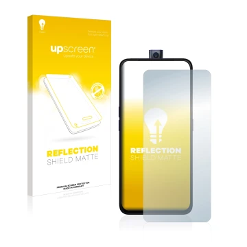 Vorderseite einer Produktverpackung mit dem Markenlogo upscreen. Daneben ist das Gerät Oppo F11 Pro mit dem zugehörigen Displa