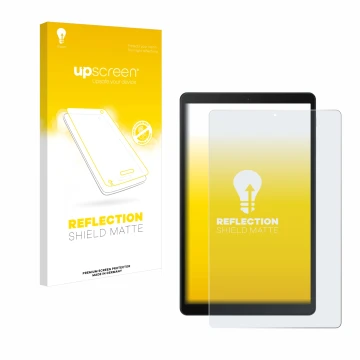 Vorderseite einer Produktverpackung mit dem Markenlogo upscreen. Daneben ist das Gerät Samsung Galaxy Tab A 10.1 WiFi 2019 mit