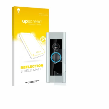 Vorderseite einer Produktverpackung mit dem Markenlogo upscreen. Daneben ist das Gerät Ring Video Doorbell Pro (Version 2) mit