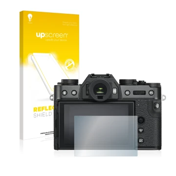 Vorderseite einer Produktverpackung mit dem Markenlogo upscreen. Daneben ist das Gerät Fujifilm X-T30 mit dem zugehörigen Disp