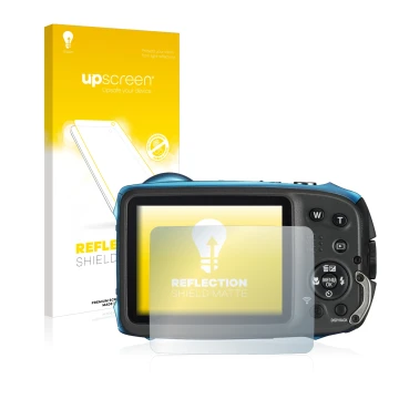 Vorderseite einer Produktverpackung mit dem Markenlogo upscreen. Daneben ist das Gerät Fujifilm FinePix XP140 mit dem zugehöri