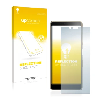 Vorderseite einer Produktverpackung mit dem Markenlogo upscreen. Daneben ist das Gerät Sony Xperia L3 mit dem zugehörigen Disp