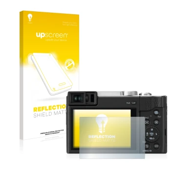 Vorderseite einer Produktverpackung mit dem Markenlogo upscreen. Daneben ist das Gerät Panasonic Lumix DC-TZ96 mit dem zugehör